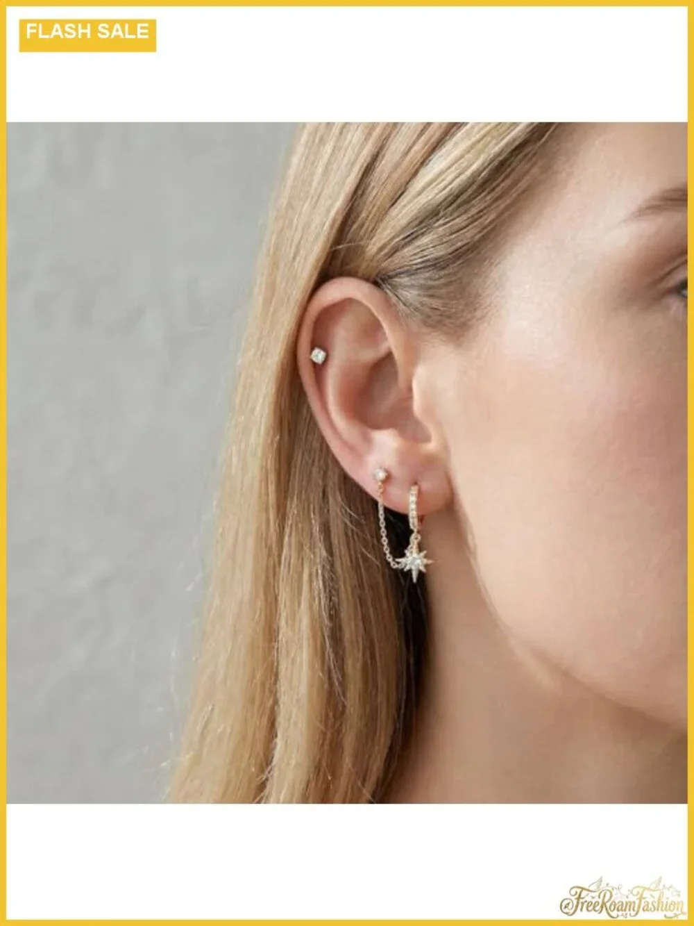 14K Gold Plated Double Piercing Chain Earrings Set